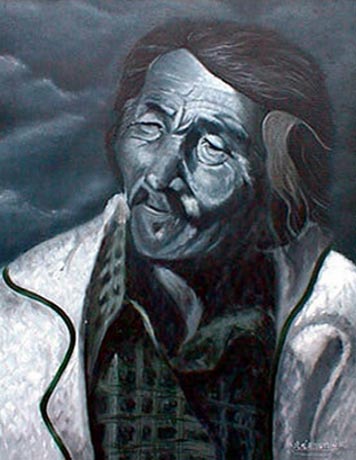 Portrait d'un vieil homme Innu peint en noir et blanc.