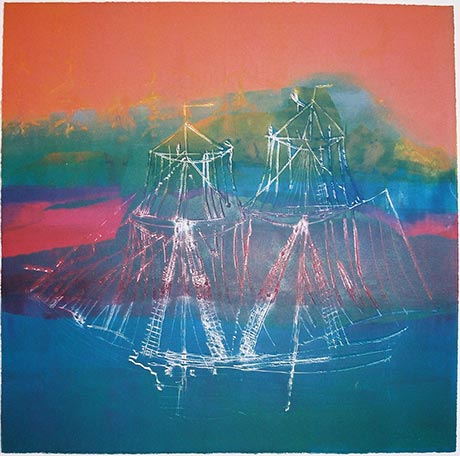 Tall sailboat inspired by a petroglyph. It is made up of white lines on a blue and red background.