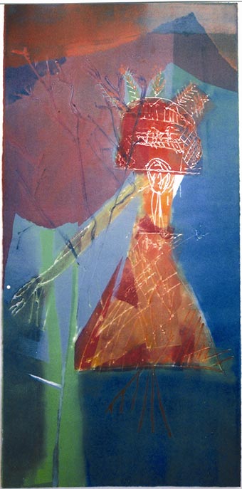 Character inspired by a petroglyph. Silhouette of a woman wearing a large hat. Blue, orange and green tones.