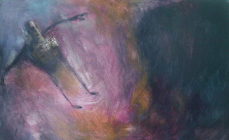 Violet, orange and blue tones. A man with outstretched arms seems to levitate in a ray of light.