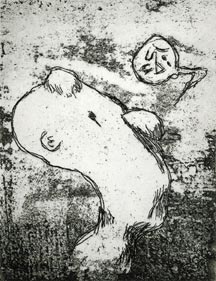 Personnage de profil avec une bulle comme celles des bandes dessin�es dans laquelle des symboles graphiques apparaissent. Tons noir et blanc.