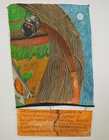 Composition depicting tree bark, a corner of the sky with a moon and a traditional weapon called a 'head-smasher' (bludgeon).