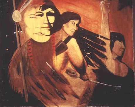 Anna Mae Aquash, la c�l�bre militante Mi'kmaq, est repr�sent�e de diff�rentes fa�ons; bras et poing lev�s en signe de victoire, le visage circonspect tourn� vers l'observateur et en portait de face. La composition est rehauss�e de symboles; plumes, carquois, b�ton, aile d'oiseau et ciel �toil�.