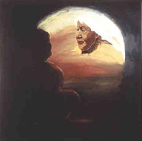 In a half-sphere, we can see the illuminated face of a very old woman. In front of her, we catch an impression of round stones.