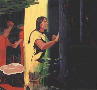 A woman seems to be caressing a tree while a male figure behind her stands upright in front of the trunk of a felled tree.