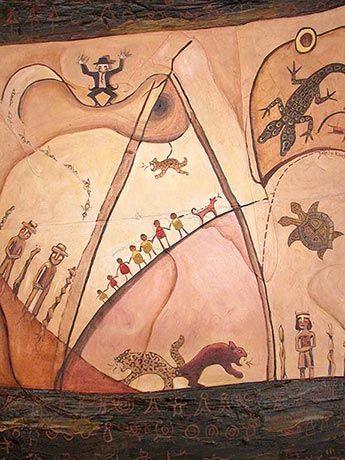 This painting represents the spirits of some children caught in the Spirit-Home of Bo Achu, (mythological feline creatures), here ever vigilant so as not to let anyone inside who can help them. Outside are Nuchus trying to rescue the children. Further up in the spirit-home is an evil spirit who is attacking the rescuers with bees. There is a two-headed crocodile in the other dimension, carrying away the spirit of another child. The two-headed turtle appears as a symbol of life and of great power. At the top and bottom appear pictographs to help save these trapped creatures.