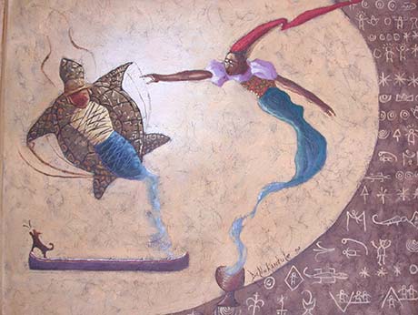 Cette toile repr�sente un mythe historique des Kunas sur un homme qui a �t� amen� dans les profondeurs de l'oc�an par une femme-tortue mythique alors qu'il �tait all� � la chasse aux tortues avec sa femme sur le rivage. Le chasseur s'englua � la carapace de la tortue et fut entra�n� sous les flots.