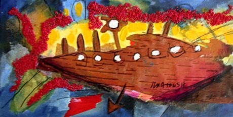 Repr�sentation stylis�e d'une barque dont l'effigie principale est au centre. Il agit d'un chamane transportant les �mes dans l'au-del�. Inspir� d'un p�troglyphe trouv� en Ontario.