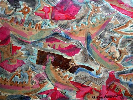 Variation sur le th�me de la barque du chaman. Plusieurs barques en mouvement.