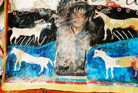 La première page du livre d'artiste est un croquis réalisé par un ami de Glenna avant qu'il ne devienne malade. Quatre chevaux entourent le portrait d'un jeune homme au regard triste. On peut aussi lire l'inscription «Adieu Tim». Glenna a reproduit le croquis dans le livre d'artiste qui est dédié à Tim DIamond, un jeune Cri décédé en 2004 des suites du S.I.D.A.