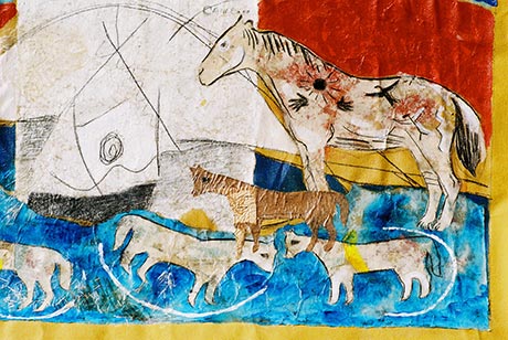 Quatre chevaux devant un tepee. Le plus grand est couvert de symboles; mains ouvertes, oiseau tonnerre, figure chamanique, �clair, et soleils.