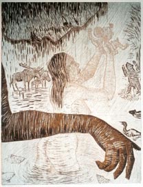 A nude woman lifts her newborn child towards the light. A family of moose, a standing bear, fishes and birds are with her in a small brook in front of the mountains. A protective arm covers the central and horizontal central of the picture.