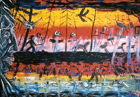 Tons de rouge, de noir et de bleu. Une rivi�re coule dans une for�t. Un grand profil de t�te humaine au regard triste rempli toute l'extr�mit� gauche du tableau. Des oiseaux stylis�s planent au dessus de ce qui semble �tre des croix dans un cimeti�re. Un petit homme tenant un b�ton marche sur les pistes d'animaux � quatre pattes.