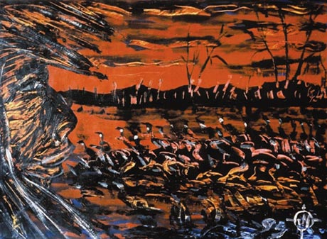 Orange and black tones. The profile of a human head with a thoughtful expression fills all the left side of the painting. A flock of geese is resting on what appears to be a lake. In the distance, we can glimpse small round mountains.