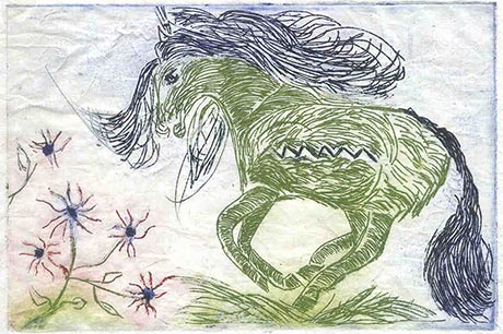 Un cheval vert galope dans le vent.