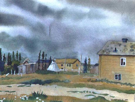 Une sc�ne typique de mon village Chisasibi, Qu�bec. Un tipi est entour� de maison sous un ciel nuageux.