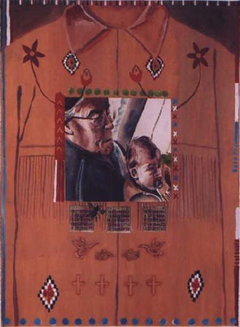 Part of a series of 8 works, it is a light-hearted view of the strong interest that the crees have for the game of bingo. The grand mother and grand child are symbols of the people playing bingo. In this work, bingo is more important than hunting/fishing and religion (or so it seems). Nevertheless they are protected (framed) by the chief's coat meaning their tradition/culture is alive and well.