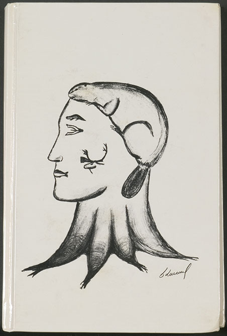 Le titre n'appara�t pas sur la couverture cartonn�e orn�e d'un dessin sur papier glac� blanc. Le dessin, en noir, repr�sente une t�te humaine de profil compos�e d'�l�ments tir�s de la nature et ayant une importance vitale pour les Innus. Le cou est un tronc d'arbre, la bouche a la forme d'un saumon, l'oeil les contours d'un harpon, le sourcil prend les traits de la loutre et la chevelure est un castor dont la queue devient une oreille. Sur la joue de cette t�te embl�matique, le dessin stylis� d'un caribou.