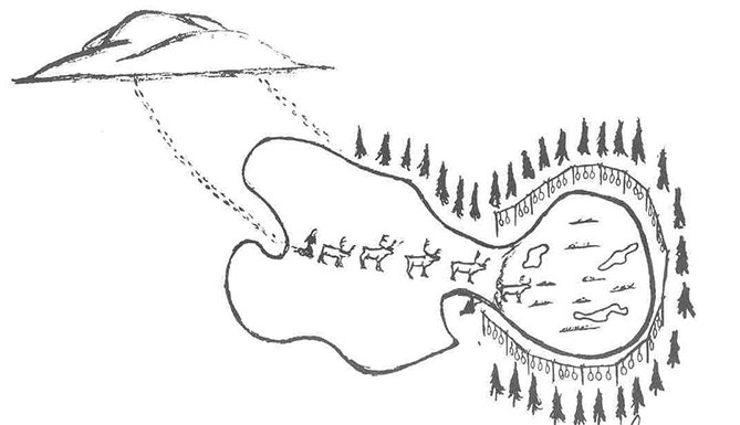 The title does not appear on the bound cover decorated with a drawing on white glossy paper. The drawing in black  depicts a human head in profile made up of elements drawn from nature that have a vital significance among the Innu. The neck is a tree trunk, the mouth has the shape of a salmon, the eye the outlines of a harpoon, the eyebrows resemble an otter and the hair is a beaver whose tail becomes an ear. On the cheek of this emblematic head, we find the stylised head of a caribou.