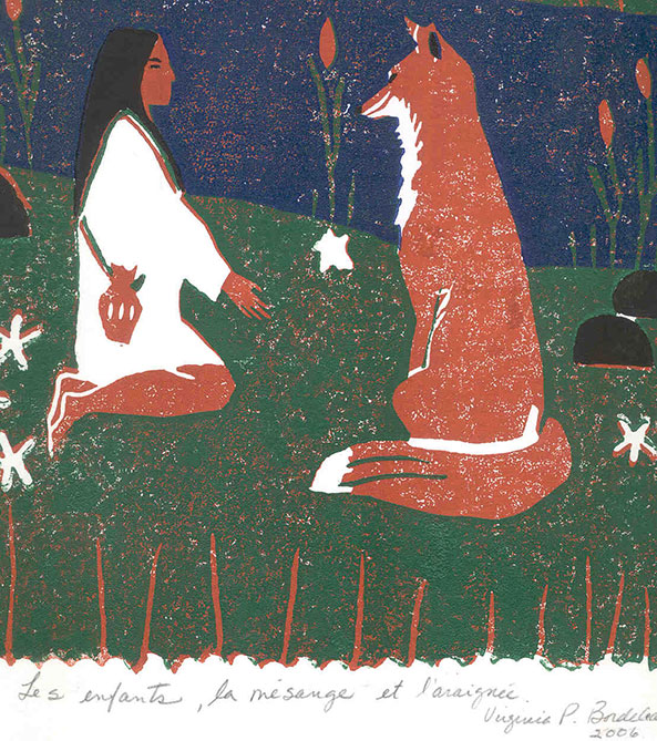 A child is deep in conversation with a fox. A magnificent red fox, with a white chest and ears pointed towards the child clad in a white tunic, seems to be revealing a secret. In green, blue, red ochre and black on the white paper, it is a peaceful scene imbued with mystery.