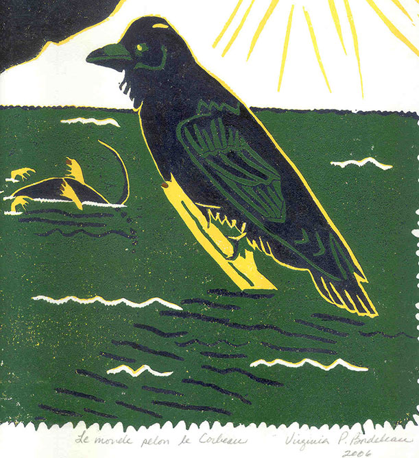 The crow is front and centre of a strange landscape. It is perched on a trunk immerged in brackish water where the body of a dead animal is floating. A sharp yellow outline surrounds the crow's black shape. The crow's wings bent inwards and closed beak give it a look of impartibility well suited to the opacity of the water's surface.