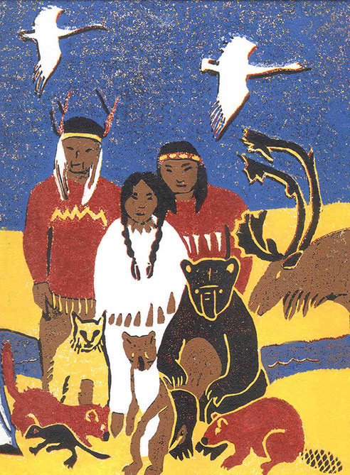Sur ce d�tail tr�s charg� la femme kidnapp�e appara�t en blanc, encadr� par un homme et une femme v�tus d'ocre rouge. Tout en haut, traversant le bleu du ciel, deux oies blanches poursuivent leur migration. Devant les �tres humains, sept animaux de la for�ts semblent attendre un d�nouement qui ne vient pas : nous pouvons reconna�tre le caribou, l'ours, le lynx, le rat musqu�, le renard, le castor et le carcajou. Cette linogravure est en cinq couleurs, ocre rouge, jaune, brun, bleu et noir, sur le blanc du papier.