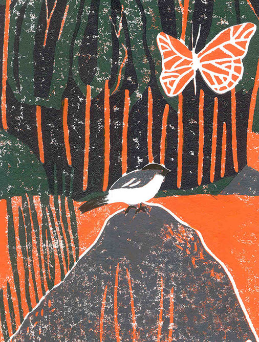 A chickadee, with a white belly, a grey back and a black skullcap, perched on a grey mound and an orangey butterfly with its wings unfurled are colourful touches in a clearing surrounded by trees with dark foliage. The children in the title of the work are not shown in this detail of an exuberant work: black, grey-green and orangey tones with white touches of the paper, and the imagination takes flight.