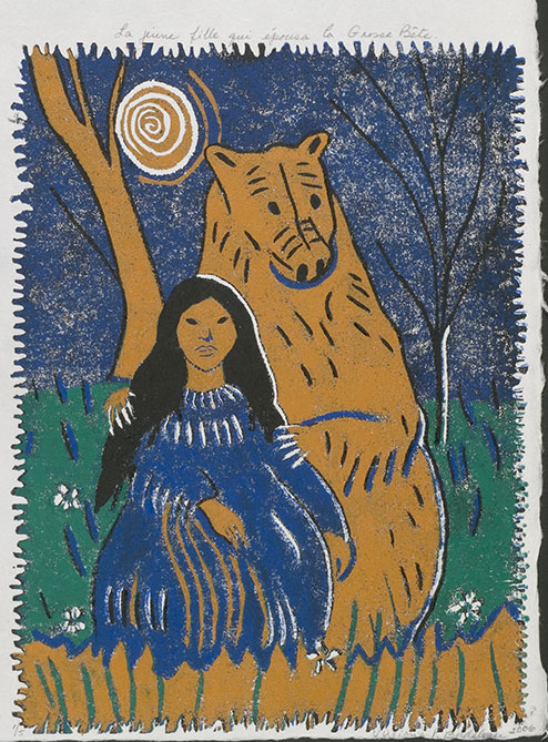 La jeune fille du titre, v�tue d'une robe bleue, arbore une longue chevelure noire. Derri�re elle, un ours massif, de couleur ocre, l'enserre par les �paules de ses pattes griffues. Ils sont en for�t, si l'on en juge par le vert d'un sous-bois. En arri�re plan, deux arbres, l'un ocre et l'autre noir, barrent le ciel d'un bleu profond.