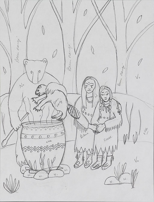 A bear is preparing to plunge Wily Beaver into a cauldron full of boiling water as two women look on. The main elements of the engraving are in place: trees in the background, women holding each other by the shoulder at the centre. On the left, the huge bear holds the beaver with one paw by the skin of his neck, with a spoon in his other hand leaving no doubt as to his intentions. Finally, we see the cauldron on the fire surrounded by stones.