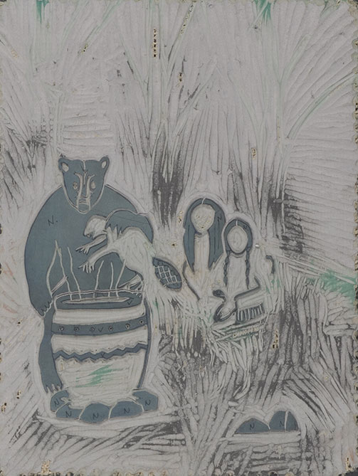 The linoleum block in its last state is crisscrossed with gouge marks over almost all its surface. The shapes of the bear and the women's hair seem to float in the air. On these grey linoleum shapes, the letter N indicated that they will be inked in black (noir) for the last printing.