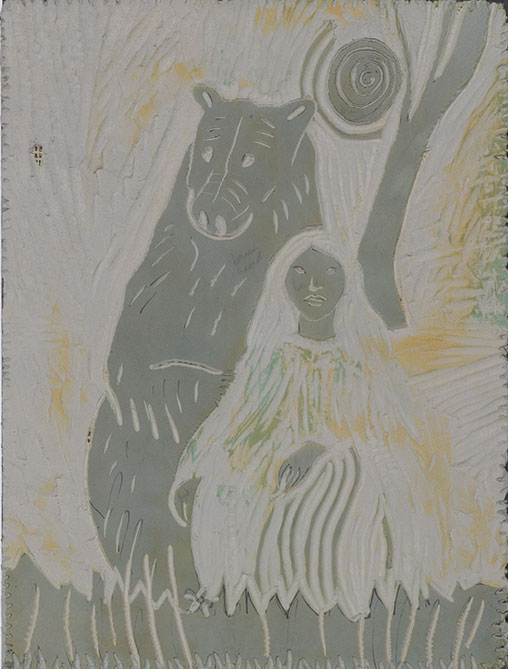 This block clearly shows the lacy gouges on its edges that are a characteristic of the artist's work. The bear, which is yellow-ochre colour in the engraving, appears here in the linoleum's grey tone. The young girl's dress and hair disappear under the gouge marks; her face floats alone like a pale, cold moon.