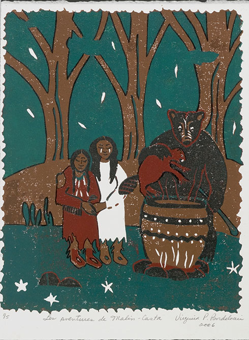 Gravure en quatre couleurs : marron, ocre rouge, vert et noir. Dans une for�t, deux femmes, dans une attitude qui �voque la peur, assistent � la mise � la marmite du Malin-Castor. La forme massive et noire de l'ours se d�tache nettement derri�re le chaudron. L'ocre rouge du castor pr�figure ce qui adviendra de sa pauvre carcasse d�s que la patte puissante de l'ours le laissera tomber dans l'eau bouillante.