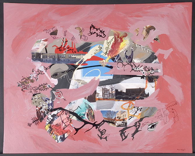 Les grands collages abstraits de Dupuis rendent compte de son urbanit� et de sa volont� d'inscrire dans le temps et dans l'espace des territoires urbains son histoire et celle de la nation mal�cite. S'y amalgament, particuli�rement vers le centre, des signes, des taches, des dessins et des photographies de lieux bien r�els. Une tension dynamique anime l'ensemble de l'oeuvre, comme si l'artiste tentait � l'aide des symboles am�rindiens de couper court � une d�rive insens�e.