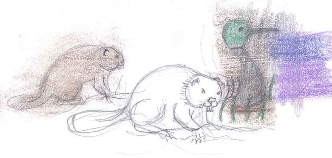 Two beavers and a bird, graphite and coloured pencils. The bird sports a green head, a long, pointed beak pointing to a mauve-coloured mass depicting a pond. These beavers were there long before the cellphone ads.