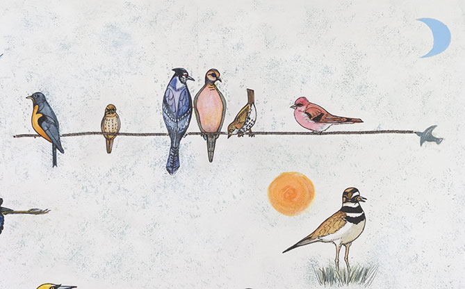 Ce premier d�tail de l'oeuvre montre sur un fond blanc piqu� de taches bleues, un long fil tendu fait de perles de verre. Sur ce fil, six oiseaux sont perch�s, o� nous reconnaissons, entre autres, le merle, le cardinal, le geai bleu et la tourterelle triste. Au sol, parmi un bouquet d'herbes ou de joncs, un pluvier ouvre le bec. Un croissant de lune bleu en haut � droite et un soleil orang� tout juste au-dessus du pluvier �gaient cet arrangement insolite.