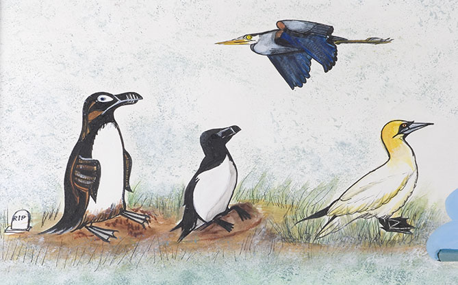 Dans ce d�tail, un grand h�ron traverse le ciel blanc bleut� de droite � gauche. Il survole trois oiseaux aquatiques, reconnaissables � leurs pattes palm�es : � gauche, le grand pingouin, au centre le pingouin commun et � droite, le fou de Bassan. Ces trois oiseaux sont tourn�s vers la droite sur un rivage herbeux. � l'extr�me gauche de cette sc�ne, une petite pierre tombale o� les lettres RIP se dessinent clairement jouxte le grand pingouin. L'artiste a voulu signifier ici que cet oiseau observ� par Cartier est aujourd'hui disparu.