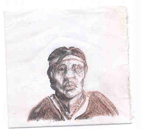 Portrait en miniature d'une vieille femme iroquoise borgne portant une courroie de portage au front sur ses cheveux s�par�s au centre de la t�te et ramen�s en arri�re.