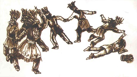 Farandole de personnages Iroquois, dont le personnage de queue est tomb� au sol. Ils sont tous v�tus dans les style du XIX�me si�cle.