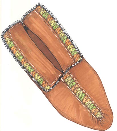 Illustration technique montrant un mocassin en cuir naturel avec une seule couture sur le dessus du pied. Il est brod� de piquants de porc-�pic de couleurs vert, jaune et orange sur la couture du dessus du pied et des revers.