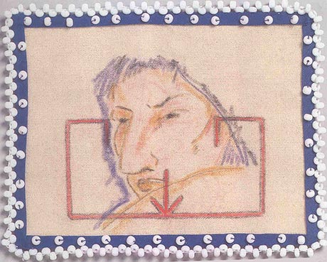 Figure aux traits anguleux de couleurs ocre sur un motif de double courbe corn�e. La pi�ce est bord�e d'un ruban biais rouge et de perles de verre blanches.