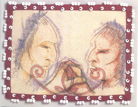 Characters with angular features holding hands beneath a double-curved horned motif. The piece is bordered with a blue bias ribbon and white glass beads.