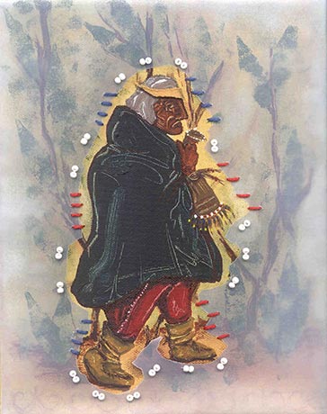 An old man walking and carrying an ornate bag in his right hand. He is bundled into a blue and black blanket. He is wearing red beaded mitasses, moccasins and a leather headband on his long grey hair. He is surrounded by glass beads and greenery.