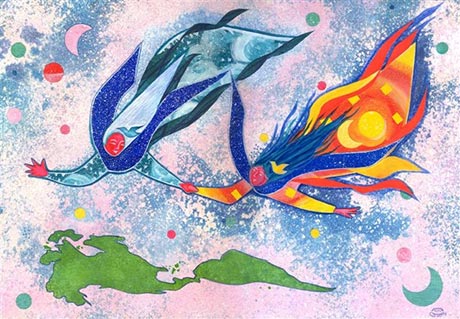 J'ai fait cette illustration pour le colloque des femmes autochtones des Am�riques du Nord et du Sud qui avait lieu au P�rou en 2004. Deux femmes volent au dessus des Am�riques. La plus vielle semble guid�e la plus jeune.