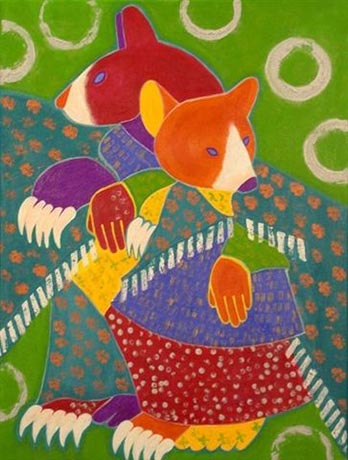 Deux ourses femelles font quelques pas de danse. Le rythme est tr�s lent, comme si elles �taient tr�s prudentes. Les couleurs sont vives, orange, rouges, bleu cobalt, vert, jaune et violet. Ce tableau a �t� fait pour Femmes autochtones du Qu�bec.