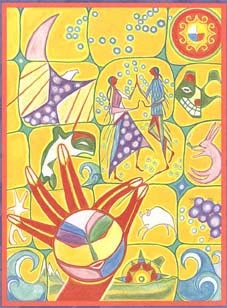 A red hand with a very colourful face at its centre is drawing a woman and a man dancing. At the right side of the drawing, a few elements typical of Canada's First Nations surround the central figures: waves representing the two oceans, a sun-turtle rising in the east, a white buffalo running, a hare smoking a pipe, a wolf mask in the Western First Nations style, a sun with double curve motifs. At the left we can see an eagle taking flight, a West Coast style whale and a hare taken from a petroglyph. This illustration won the national prize in the First Nations section of the Indian Affairs and Northern Development competition.