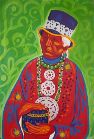 Mali Mantawas is a made-up name. It means 'Marie in deep thought'. It is the portrait of an old Abenaki woman. She is wearing a red shirt on which round brooches are pinned, like the silver discs that were typical of Aboriginal fashions in the 18th and 19th centuries. She is wearing a top hat decorated with a silver crown. She proudly holds a basket in her hands. The background of the painting is green like her necklaces. 