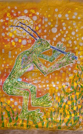 I imagined a character inspired by a petroglyph found in North America, dating back to the Stone Age. This is an androgynous character seen in profile with clear features of both sexes, a clearly defined breast and phallus. 
Courtisage: The character is apple green on a yellow and orange background. It plays the flute and wears long antennae that represent his connection to the cosmos. A silvery sun is shining on the left. The ground is covered with long grass.