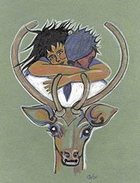 A couple in each other's arms, framed by the woods of a deer.