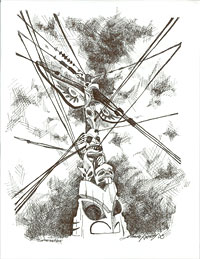 Un totem majestueux s’�l�ve dans le ciel. Mais on a attach� des fils �lectriques partout sur son tronc.