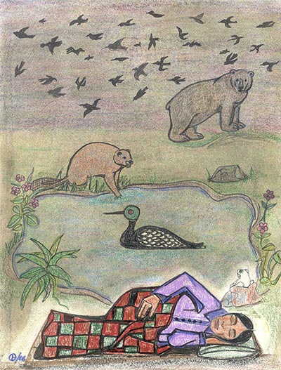 Un homme dort pr�s d'un �tang peupl� d'animaux.
